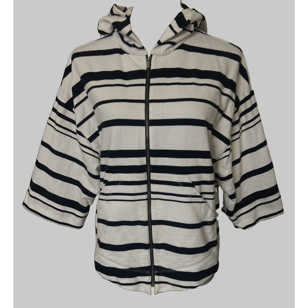 BCBG Maxazria Black White Stripe Hoodie Full Zip Cotton 3/4 Sleeves Jacket Sz M